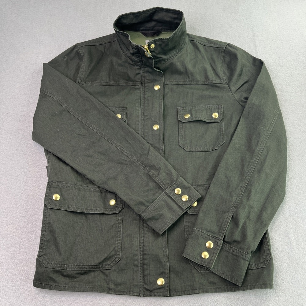 J Crew Women's XL Green Denim 4 Pocket Field Jacket Gold Buttons & Zipper